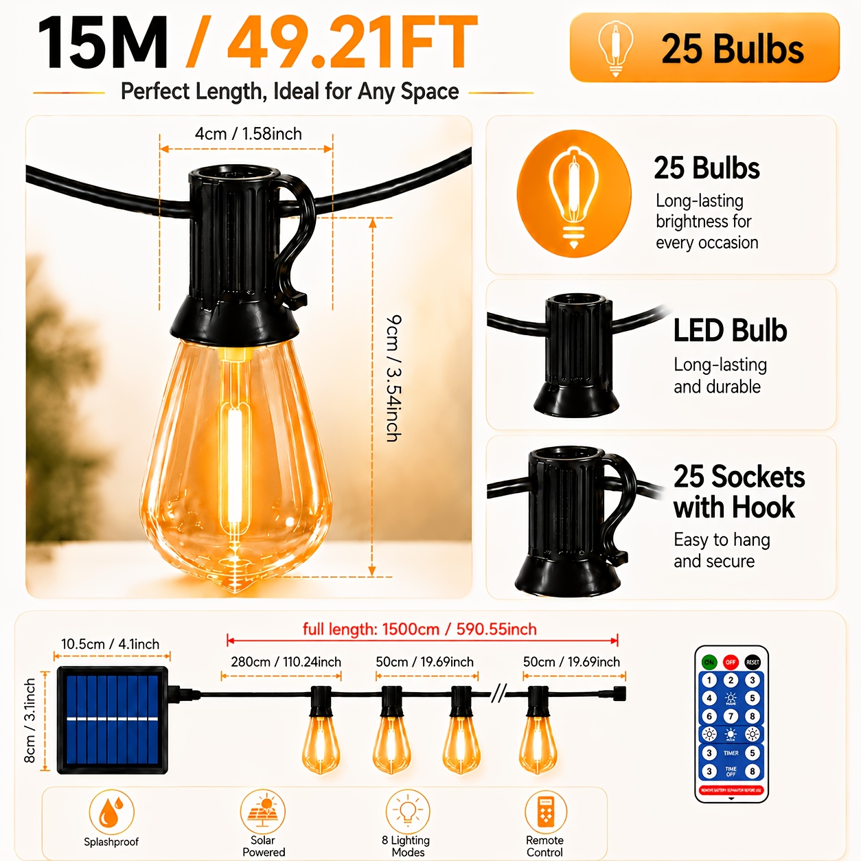 Image of Ip65 St38 Solar Powered Indoor String Light With Remote Control, 8 Light , 18m/17.25m/15.5m/15m/7m Led Outdoor Fairy Lights Warm White Plastic Bulbs For Weddings, Parties