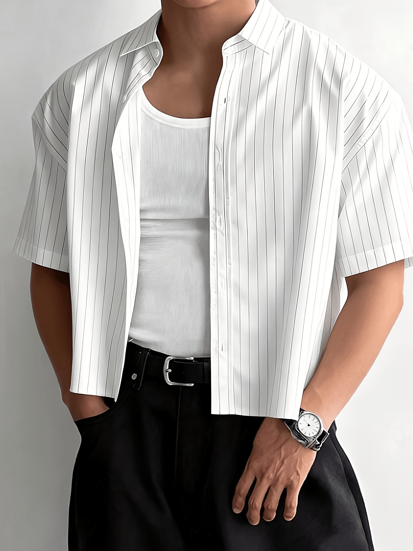 mens striped cropped short sleeve shirt
