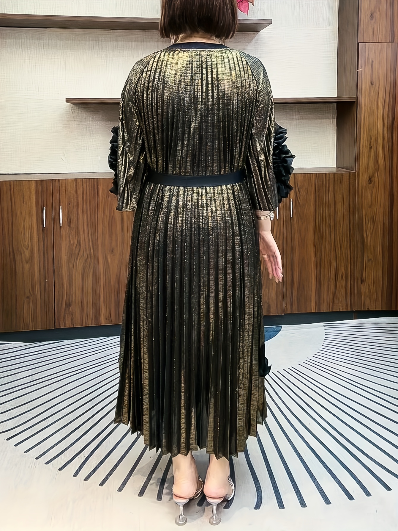 slim fit dress slacks Golden pleated dress with slit on one side – HermosaThreads