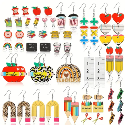24 pairs teacher earrings wooden teacher studs colorful pencil rainbow shaped dangle earrings lightweight teacher earrings for teacher appreciation gifts