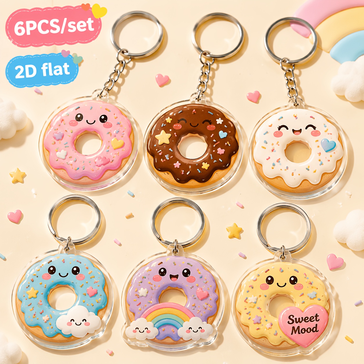 TEMU Piatto 2D, Piatto 2D - 6 Portachiavi in Acrilico a Forma di con e , Ciondoli e Anelli Portachiavi Colorati Kawaii a Cartone Animato per Borsa,