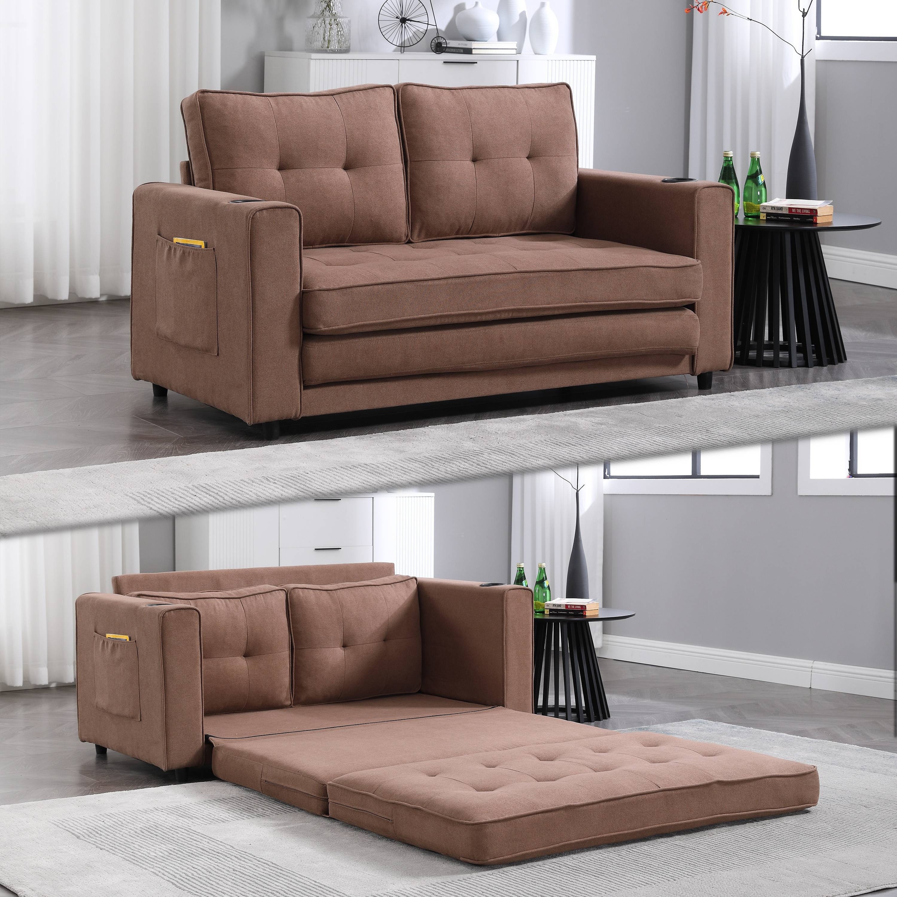 

3-in-1 Fabric Folding Sofa Bed, Can Be Converted Into A Floor Sofa Bed, Foldable Buckle Patterned Double Seat With Pull-out Sleeping Sofa Bed, With Side Pockets, Suitable For Living Rooms.