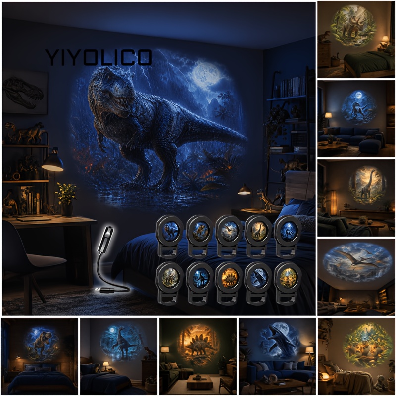 TEMU Usb Jurassic Dinosaur Projector Light, 10 Projection Patterns Led Night Light, Flexible Gooseneck Usb Light For Bedroom And Playroom Decor