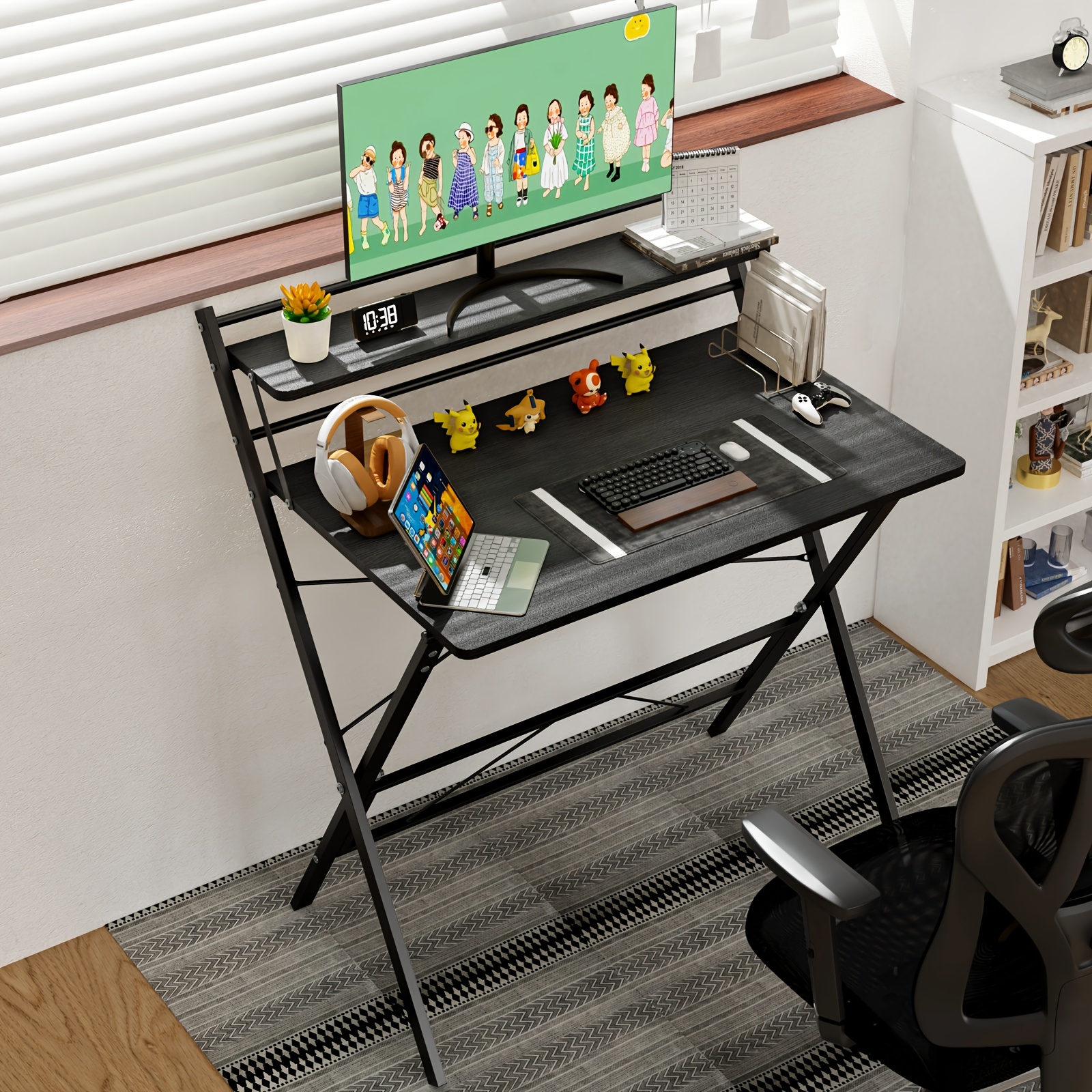 Image of Spacious Collapsible Desk Measuring 80x50cm, A Gaming Table With Dual Storage Levels, A Portable Computer Desk Ideal For Compact Areas, And A Writing Desk Suitable For A Workstation, In Black