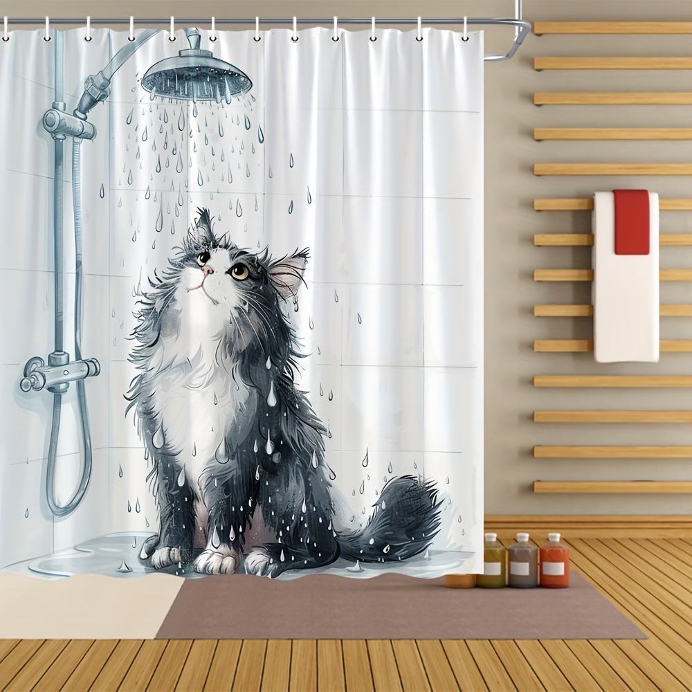 

1pc Funny And Interesting Black Cat Bathing Pattern Shower Curtain, Waterproof Shower Curtain, Bathroom Decoration Shower Curtain, Machine Washable Fabric Curtain, Bathroom Accessories