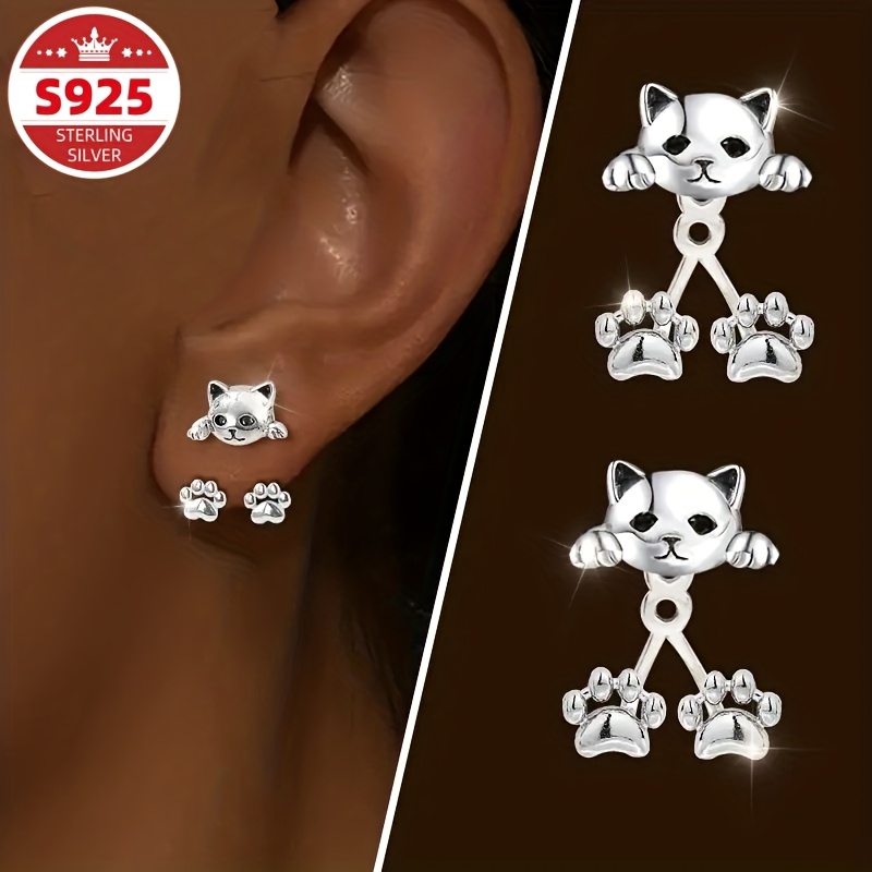 TEMU S925 Sterling Silvery Female Cat Paw Hanging Earrings,,, Exquisite And Sweet, Suitable For Daily Versatile Gift, Low Allergy, Stuffed As A Christmas Gift,