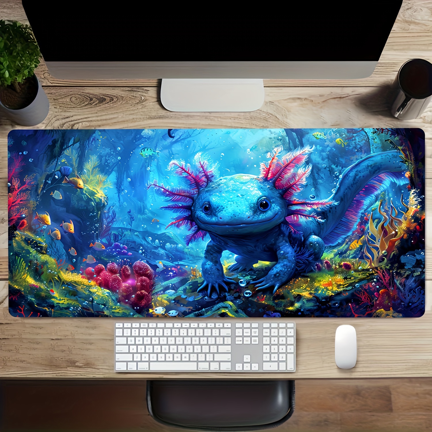 

Tapis de souris de jeu avec axolotl dans un monde sous- , bords cousus, base en caoutchouc et lavable, tapis de bureau antidérapant en caoutchouc oblong pour les joueurs et , cadeau au pour .