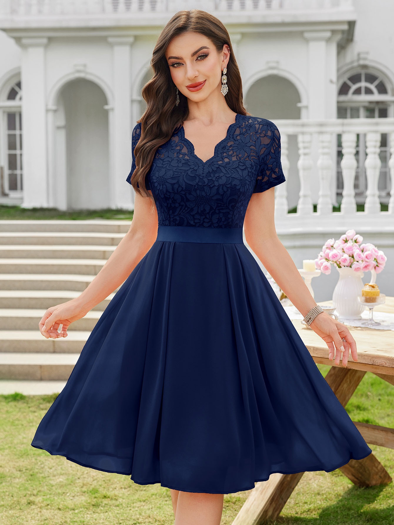 Women's Elegant Lace V-Neck Short Sleeve Chiffon A-Line Wedding Party Short  Dress