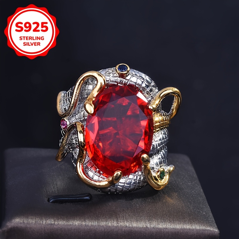 Image of 1pc S925 925 Silver Retro Adjustable Ring, Inlaid With Oval Red Synthetic Cubic Synthetic Zircon​. Suitable For Daily Wear. An For Parties And Valentine's Day Gifts, Weighing About 9.8 Grams