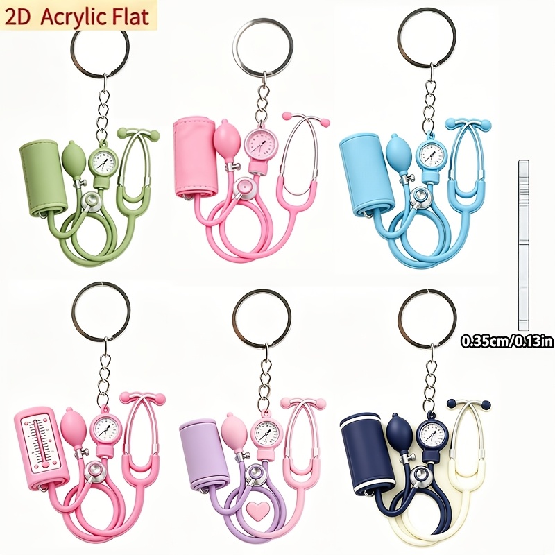 TEMU 2d Flat - 6pcs Acrylic Keychain Set, 2d Flat Design, Featuring Colorful And Personalized Stethoscope And Blood Pressure Monitor Designs, 6pcs