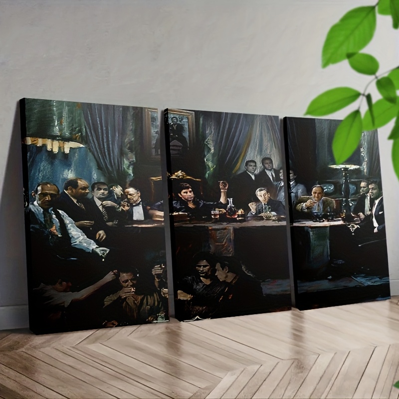 3 stuks ingelijste doek schilderij - Vintage Mafia Meeting Triptiek Wandkunst
