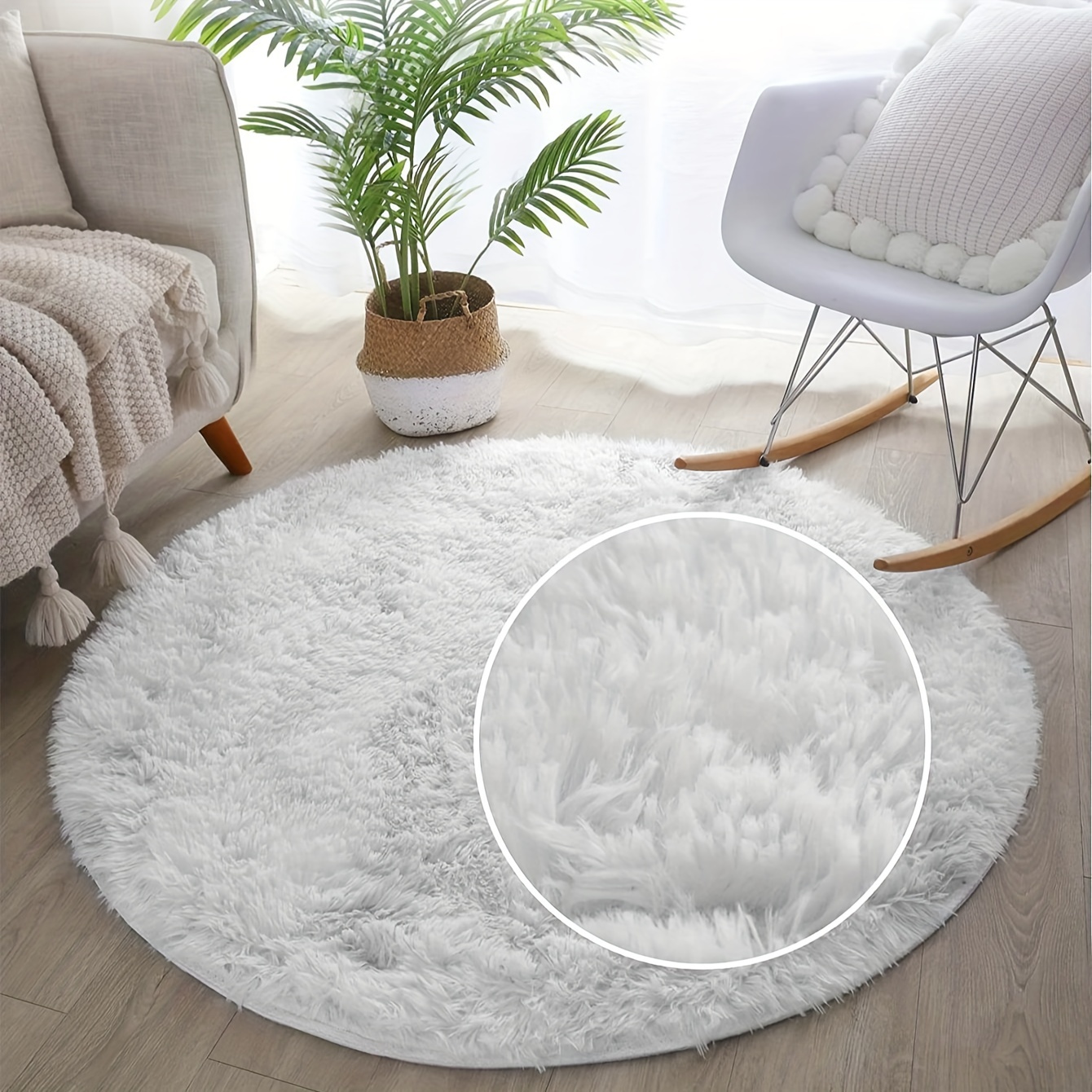 plush white round area rug soft non slip machine washable for living room bedroom and home decor details 7