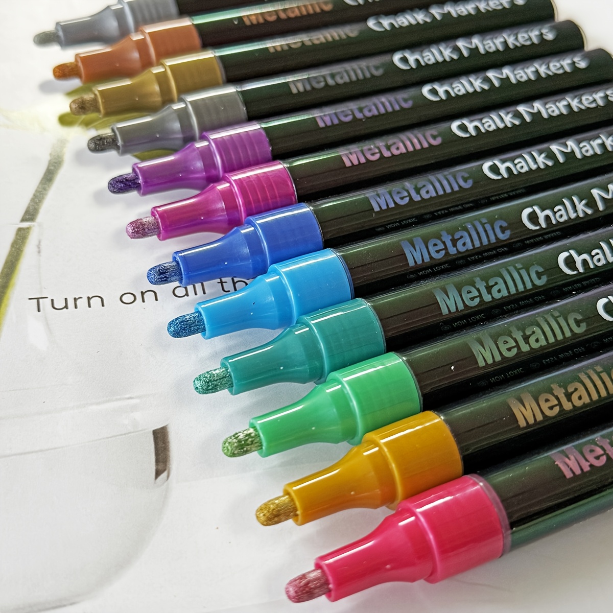 Image of 12pcs Metallic Chalk Markers, Liquid Chalk Pens - For Blackboards, Chalkboard, Bistro Menu, Window - Wet Wipe Erasable Car Window Washable Markers