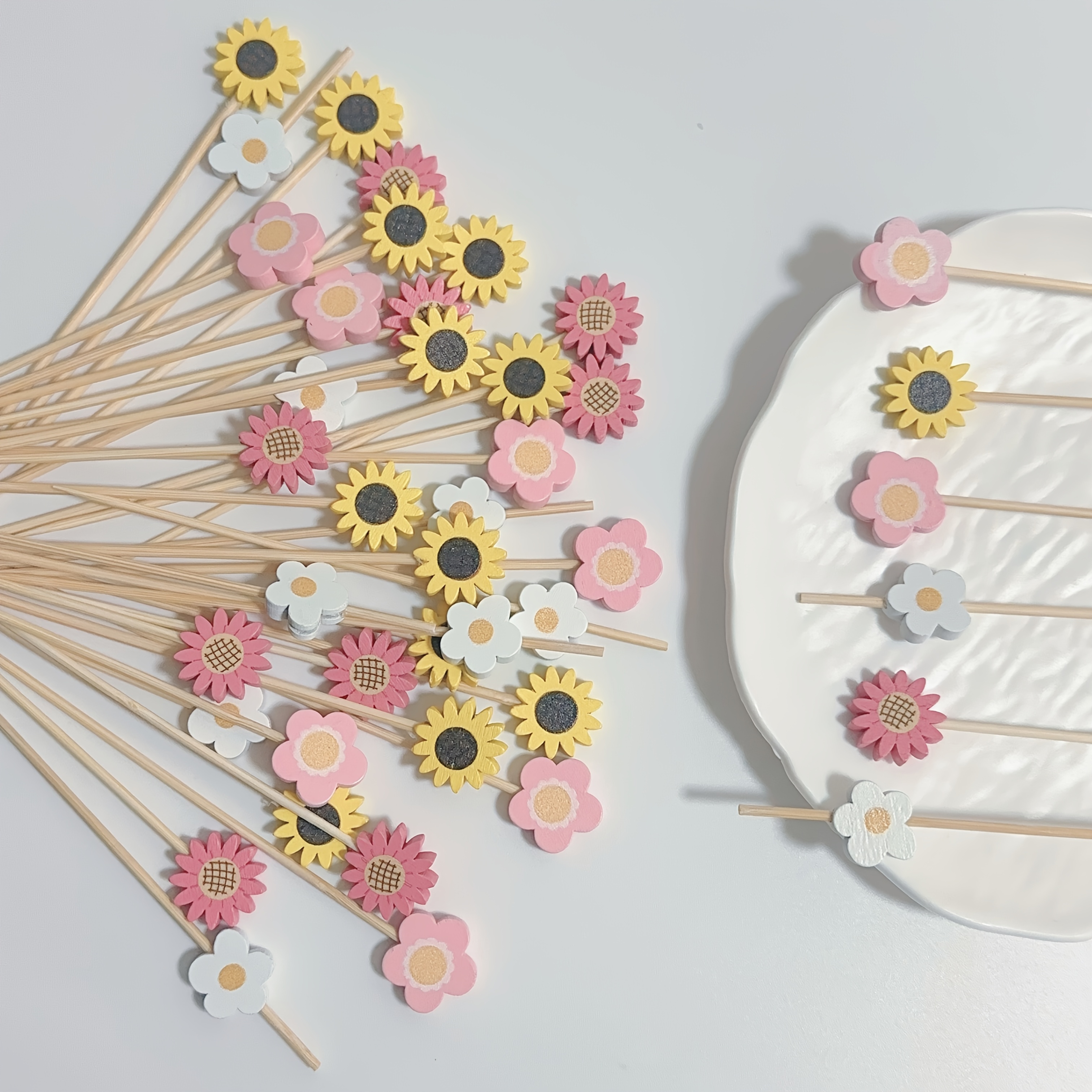 Image of 29/59pcs Spring Mixed Flower Decoration Bamboo Skewers 4.72 Inches Sunflower Pink Flower Small White Flower Summer Valentine's Day Party Food Decoration Sign Dessert Cake Sign Fruit Cocktail Sign