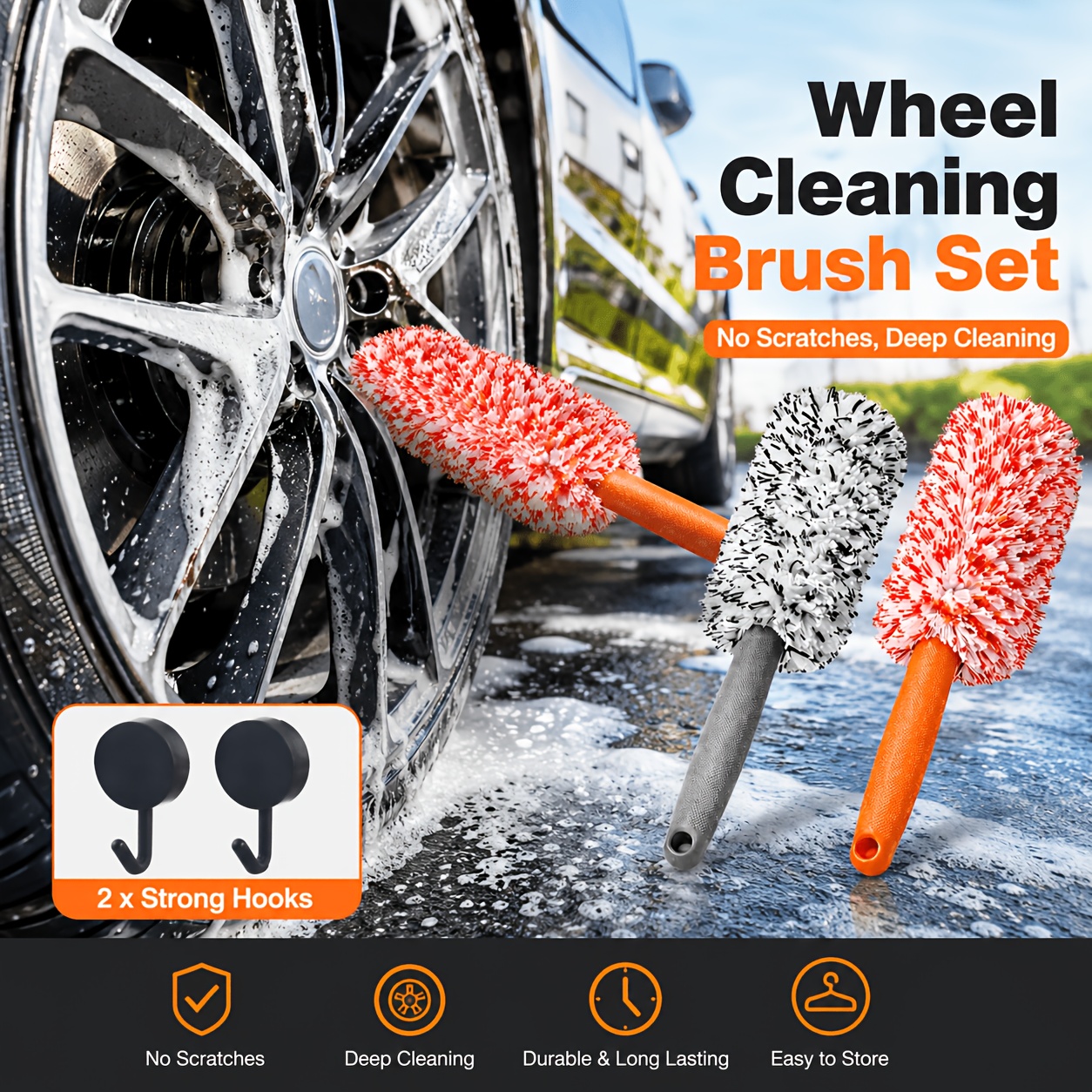 TEMU 4-delige Krasvrije Wielreinigingsborstel Set, Zachte Borstel Auto Detailing Tools voor Diepe Reiniging, Duurzaam Handvat voor Auto, Vrachtwagen,