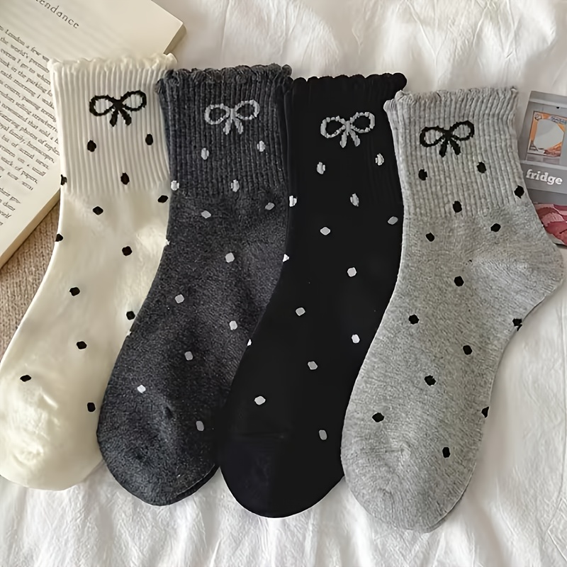Random 4 Pairs Black And White Polka Dot Bow Socks - Soft Breathable Casual Socks, Cute Socks