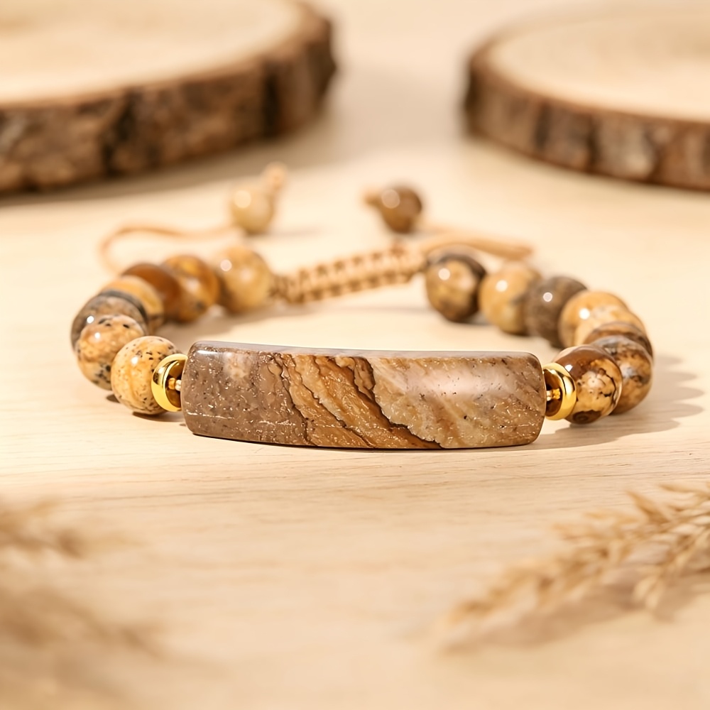 TEMU 1pc Exquisite Natural Stone Braided Bracelet, Of Bridge Shape And Round Beads Picture Jasper, With Adjustable Braided Daily Jewelry Gift For Men