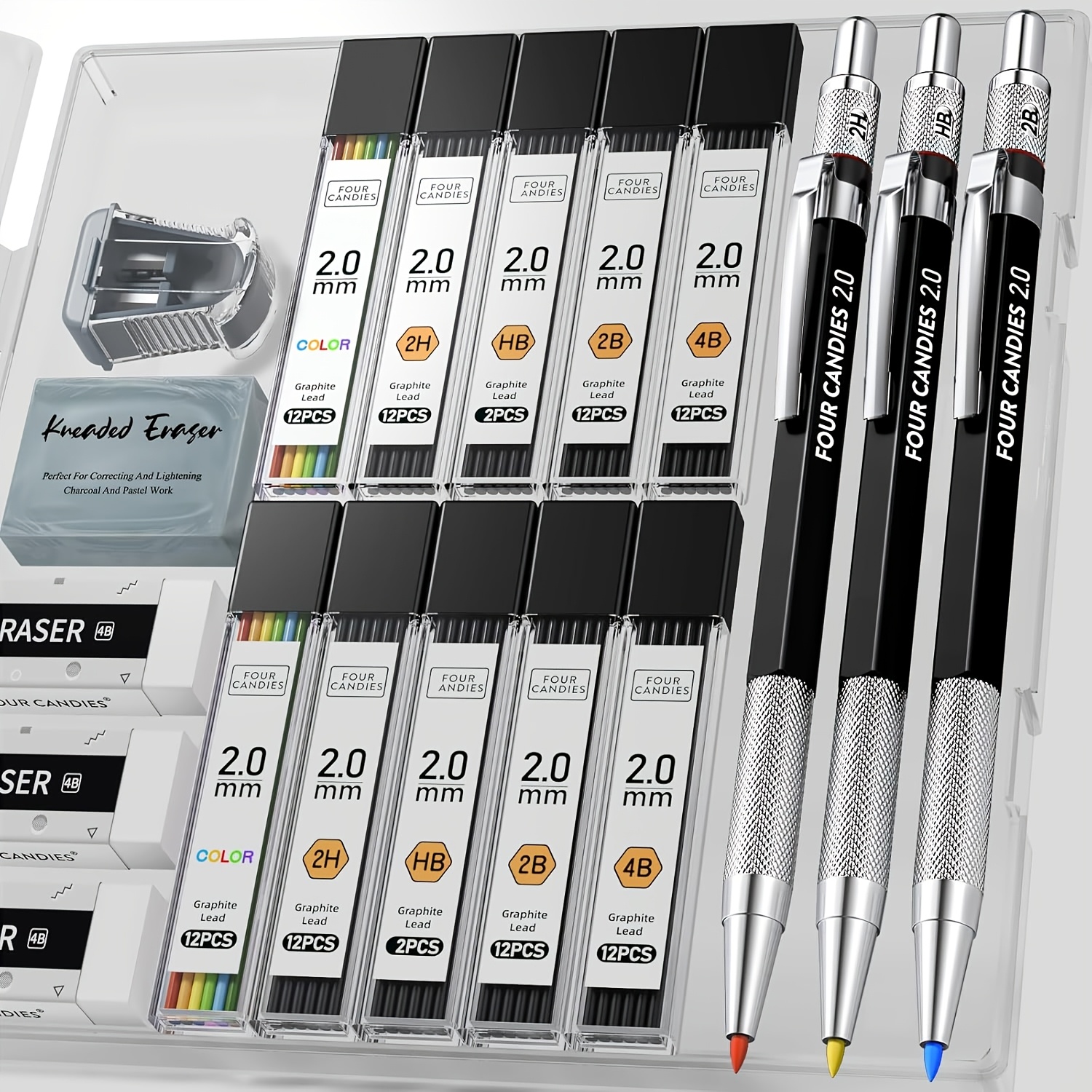 TEMU Fourcandies1pcs/3pcs 2mm Mechanical Pencils With Case, Artist Lead Pencil Metal Lead Holder With Graphite Lead Refills, Eraser, Sharpener,
