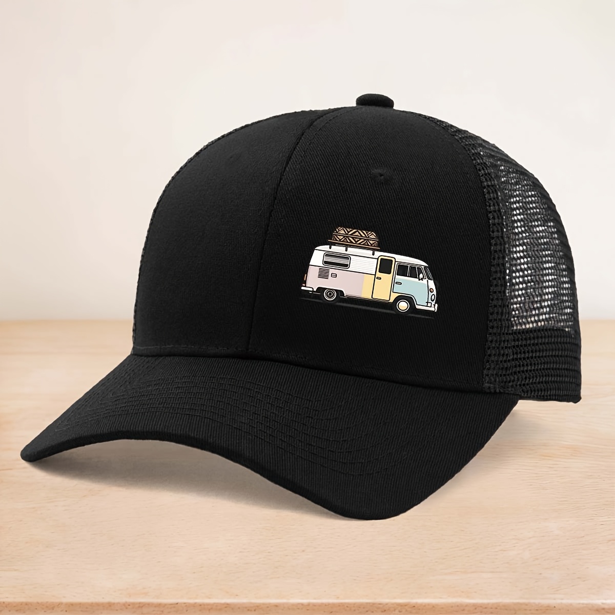TEMU Printed Van Pattern High-quality Curved Brim Cap Baseball Cap Universal Duckbill Cap Non-stuffy Trucker Hat Unisex Hip-hop Cap Trendy Six-panel