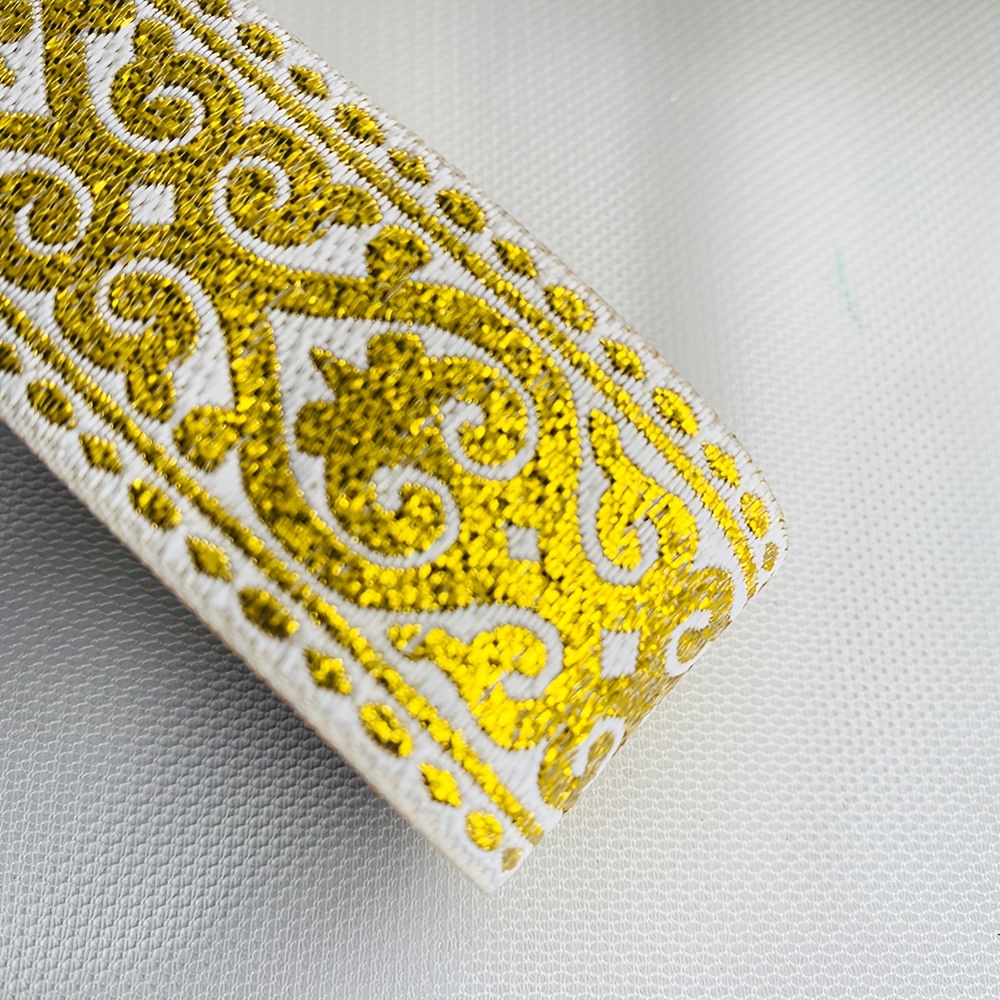 TEMU 1 Roll (6.4m) Luxury Metallic Brocade Ribbon Trim - Ivory Golden Jacquard Woven Sewing Tape Suitable For Dress Making, Wedding Decor, Curtain