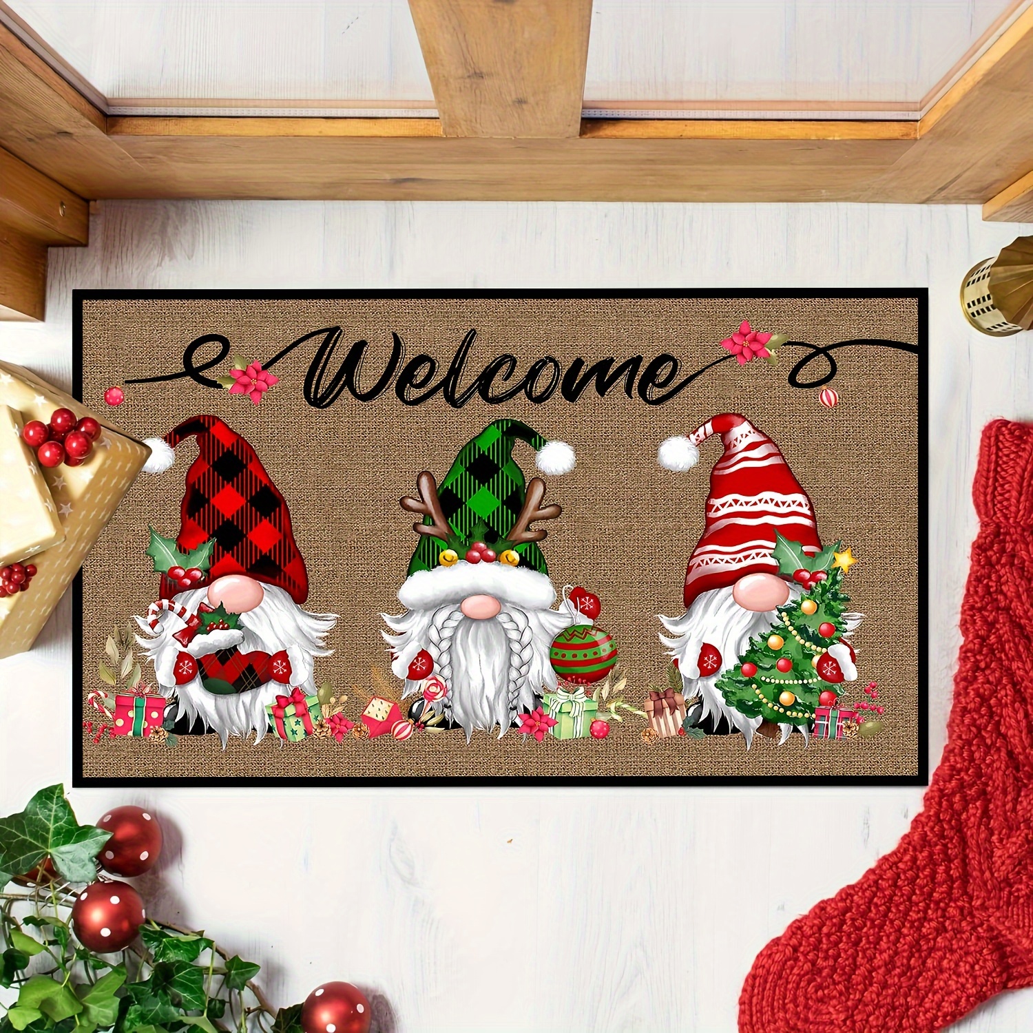 

Christmas Welcome Door Mat - Non-slip, Stain-resistant Entrance Rug With Dog & For Home Decor