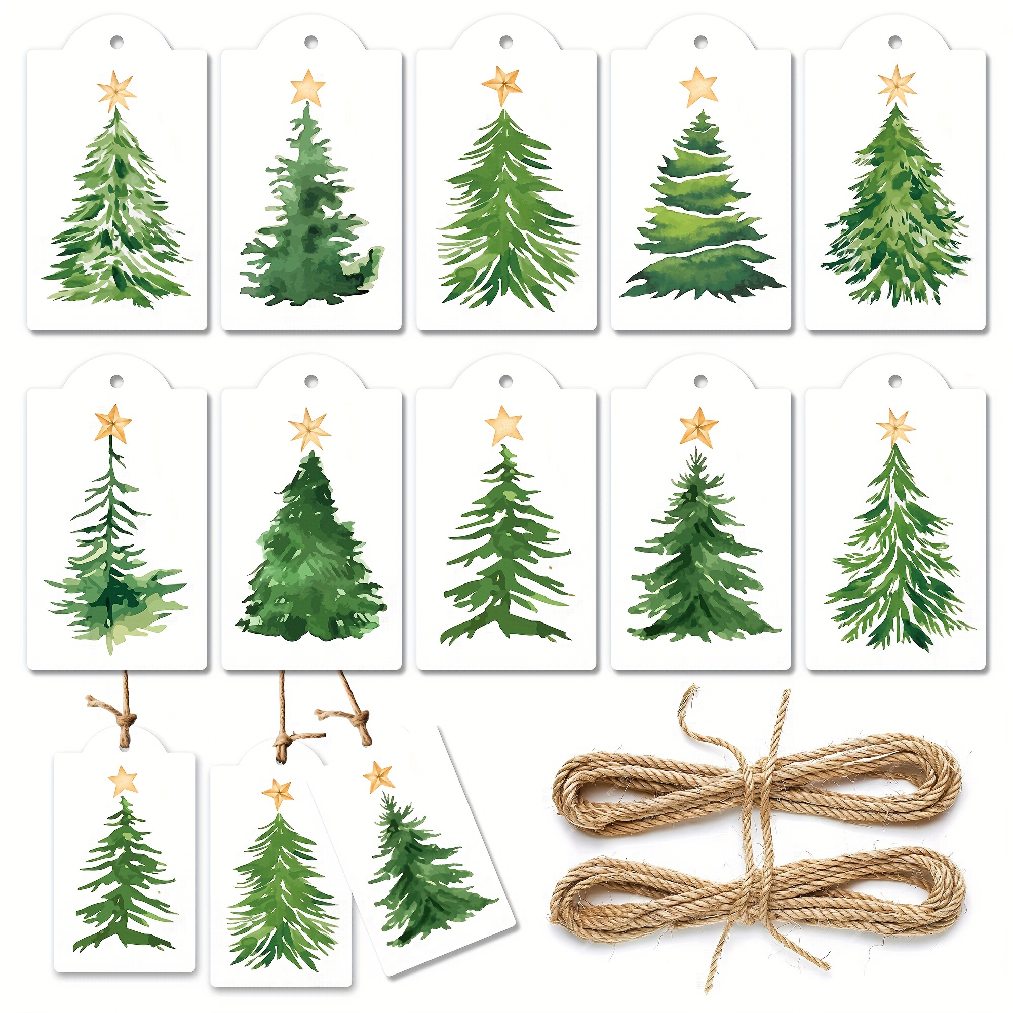 

Étiquettes cadeaux en papier aquarelle de Noël avec différents motifs de pin, avec étiquettes suspendues en corde pour emballage cadeau de fête, étiquette de faveur