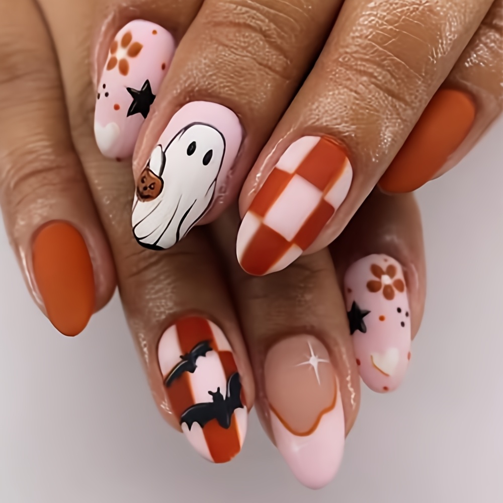 TEMU 24pcs Medium Almond Press On Nails, Cute Halloween Fake Nails, Cartoon With Pumpkin Bucket, , Orange Checkerboard, Orange Accent, False Nails,