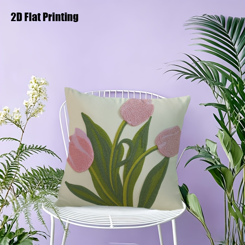 2D Flat,Terrace Cushion Cover,1pc 18X18 Inches Quare Pillow Cover, Embroidery Features Three Pink Tulips with Green Leaves and Stems.,Decoration, Gifts,Valentine Festival Gifts,Outdoor Indoor,Garden Decoration, 2D Flat