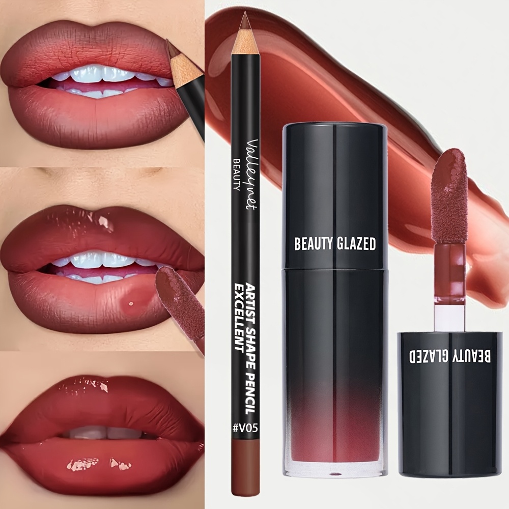 2pcs set velvet texture lip makeup set lip liner and lip glaze matte long lasting waterproof effect red and brown combination create moisturizing and natural lip makeup