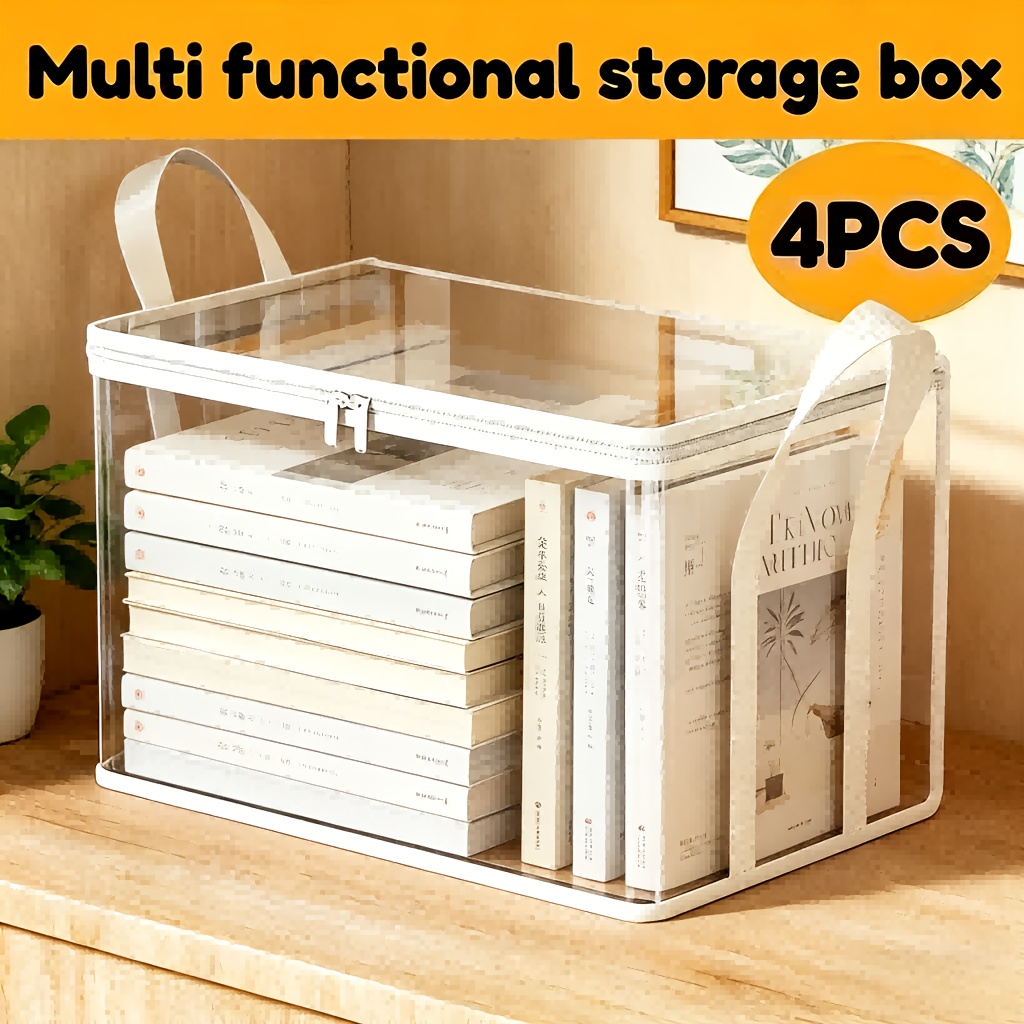 TEMU 4pcs Set Of Storage Boxes With Lids - Durable Soft Plastic Organization Boxes, Suitable For Books, Clothing, Snacks, And Office Supplies -