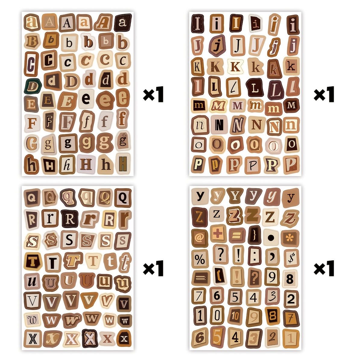 TEMU 4sheets (192pcs)vintage Aesthetic Brown Doodle Alphabet Stickers, Retro Letter & Number Decals, Or Planner, Journal, Scrapbooking, Organizing,