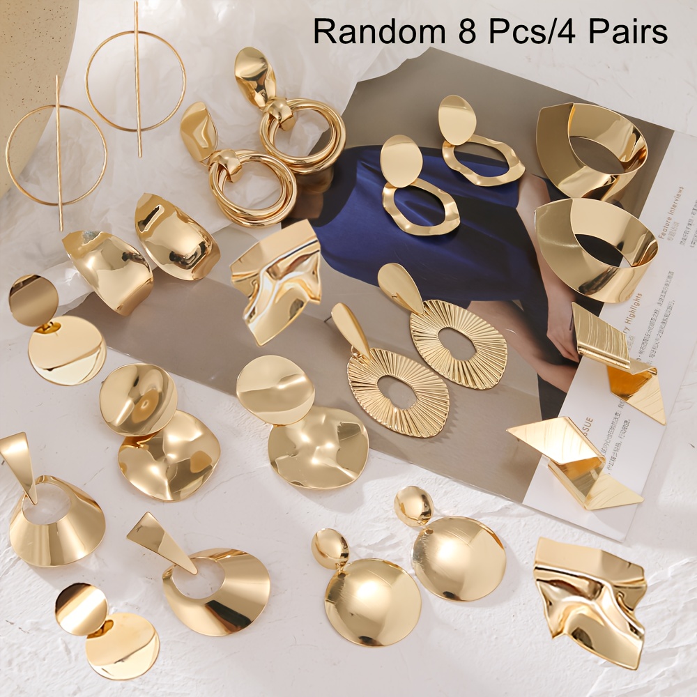 TEMU 6/8 piezas de aros colgantes de moda para mujer con forma irregular de metal, forma de y , conjunto de aretes para fiestas con adiciones