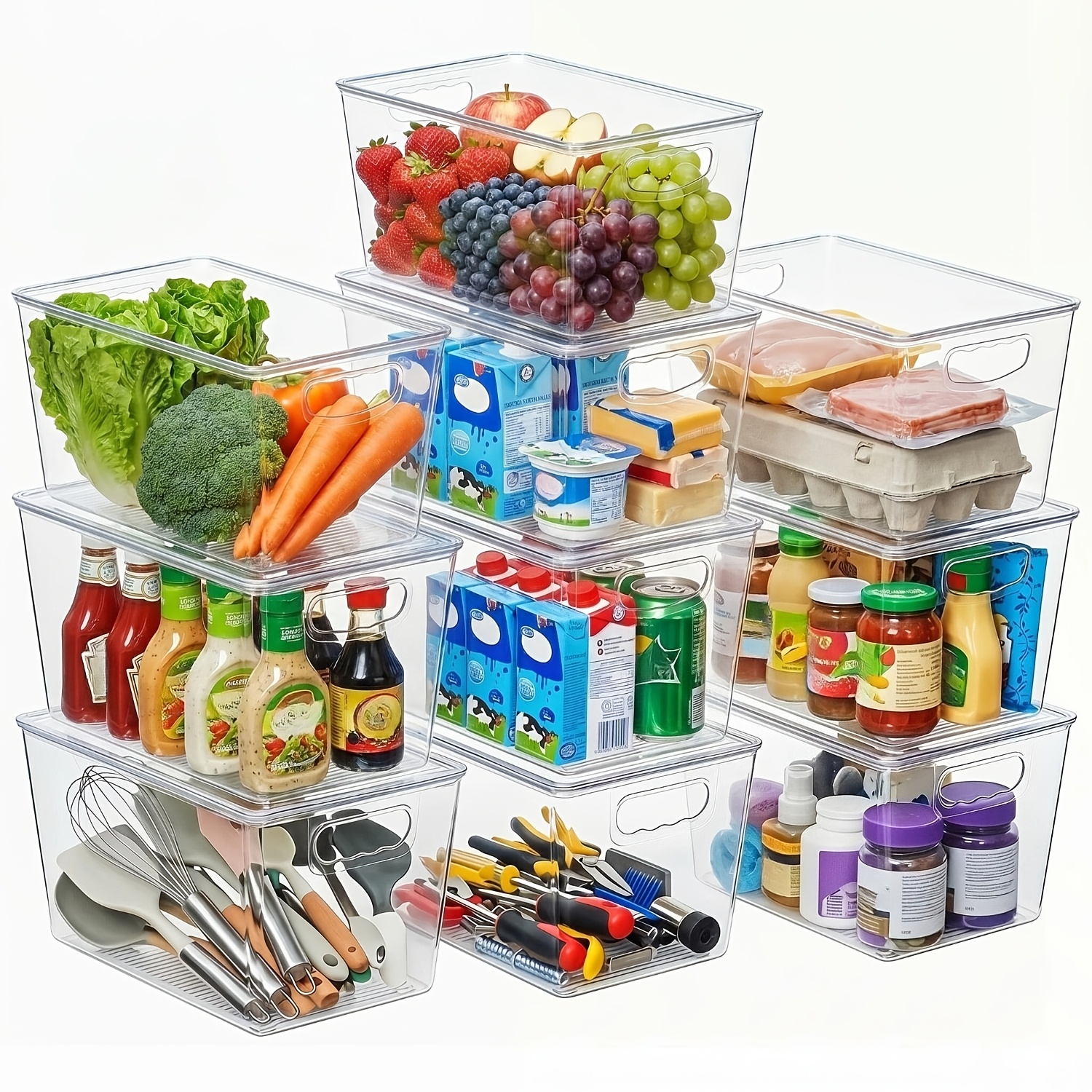TEMU 10 Pack Clear Stackable Storage Bins With Lids, Large Plastic Containers With Handle For Pantry Organizer And Storage, Perfect For Kitchen,
