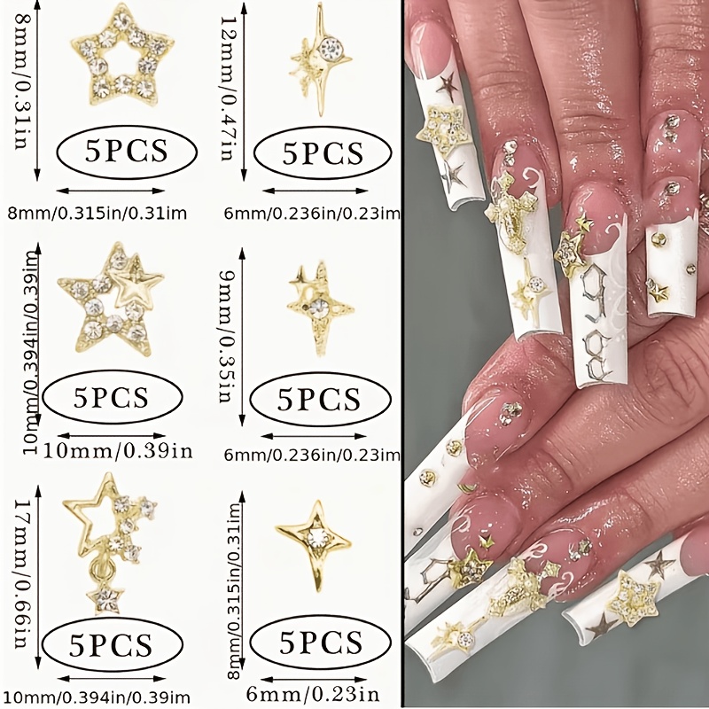 TEMU 30 piezas de metal 3D con forma de estrella y diseño en relieve, decoraciones para uñas de aleación de diamante incrustado, incrustaciones de