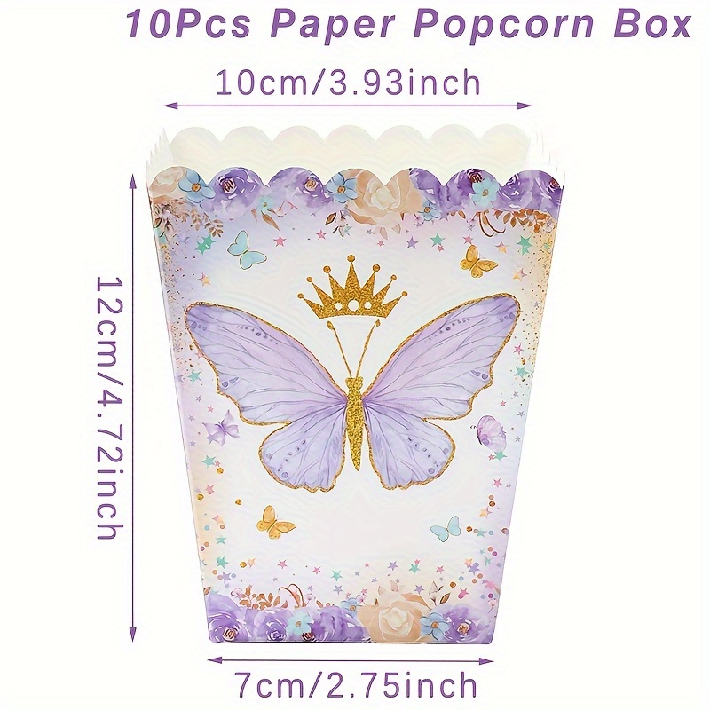 E-shop 10 Stk. Elegante Lila Schmetterlings-Popcorn-Boxen - für Geburtstage, Jungend-Duschen, Hochzeitsparty-Geschenke | Papier-Leckerei-Container mit