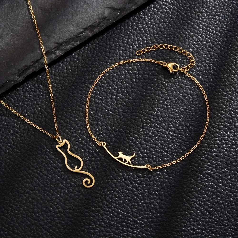 E-shop 2er-Set Niedlicher Katzenhalsband Strand Damen - Goldenes Kawaii Anhänger Armband Fußkettchen Schmuckkette - Geschenk für Katzenliebhaber,
