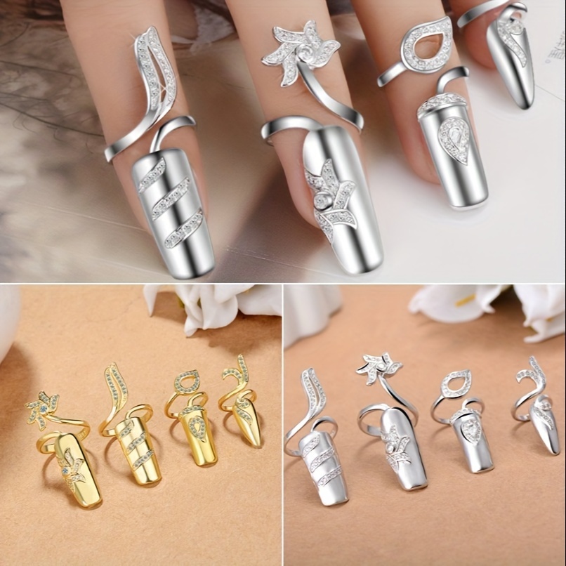 

8pcs Women Fingernail Rings Rhinestones Finger Tip Rings Silver Opening Ring Nail Decoration Nail Protecting Fingernail Gift For Wedding Party Travel