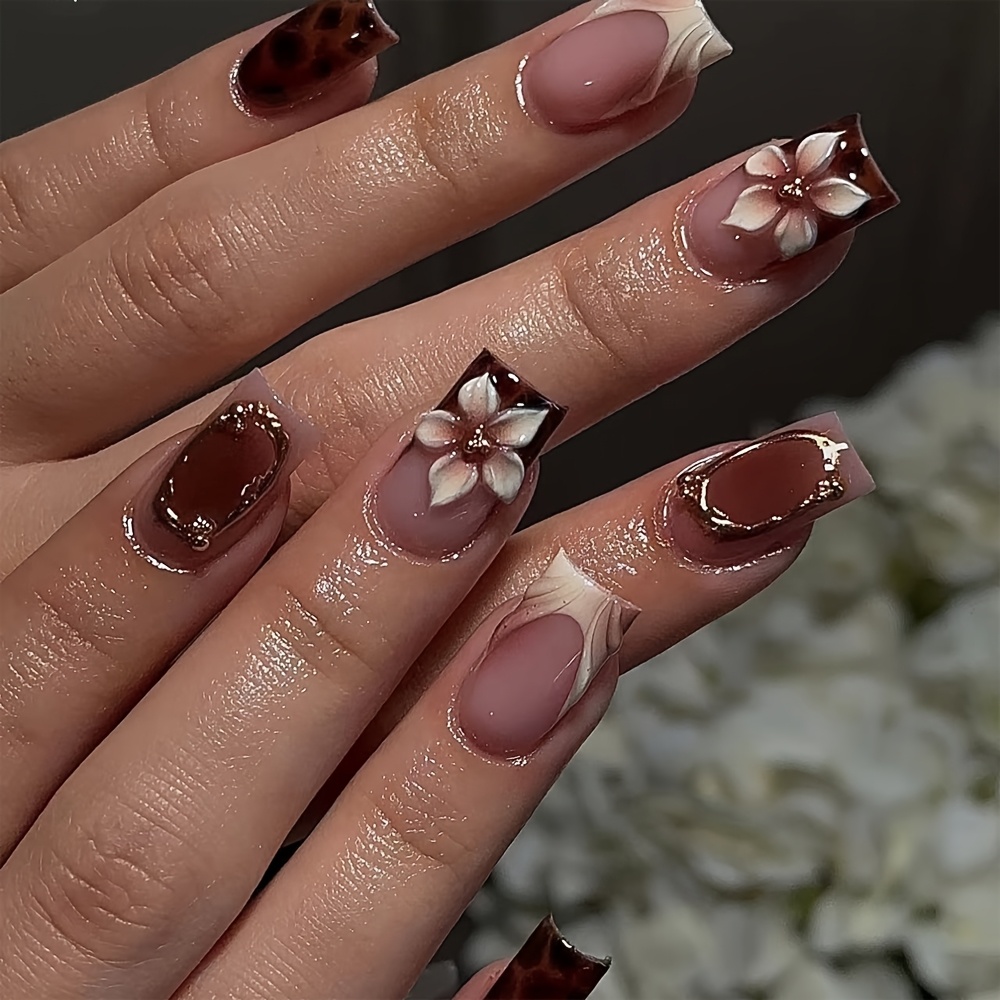 TEMU 24pcs Retro Pinkish-brown French Manicure Stickers, Featuring A 3d Floral And Leopard Print Design, And A Gel Nail File. An For Women's Nail Art