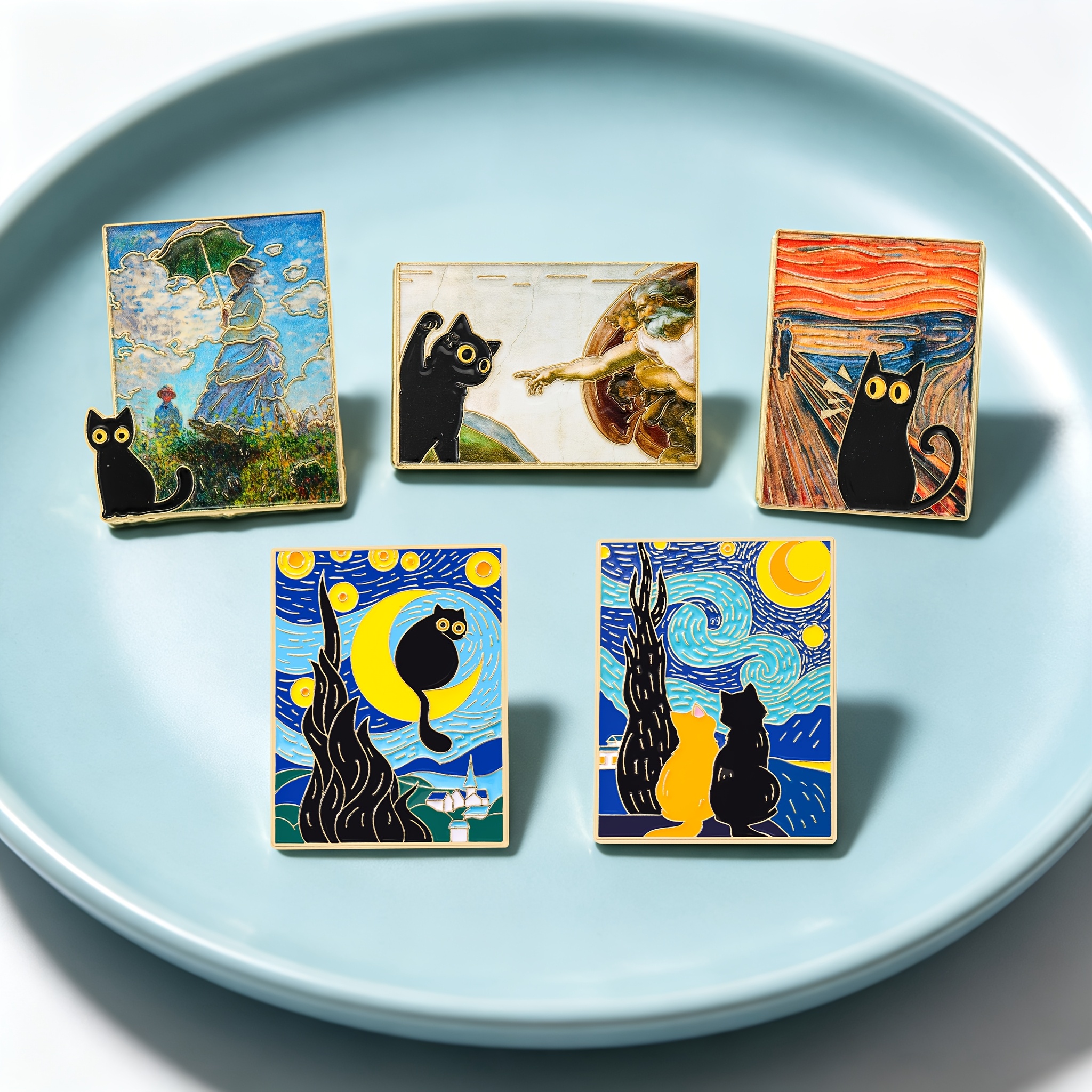 TEMU Lot de 5 badges émaillés SOLEVDO pour vestes, sacs à dos et chapeaux - Peintures à l'huile impressionnistes vintage avec incrustation de ,