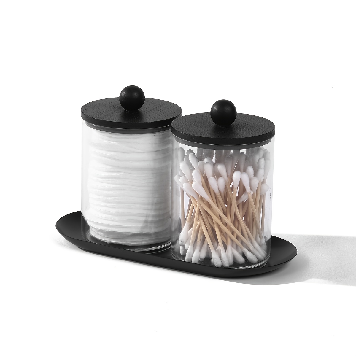 2 Pack Qtip Holder Dispenser With Tray Bathroom Jar Storage Organization Acrylic Apothecary Jars Canisters, Cotton Ball Qtip Holder Bathroom Set With Black Lids For Cotton Swab Halloween Storage