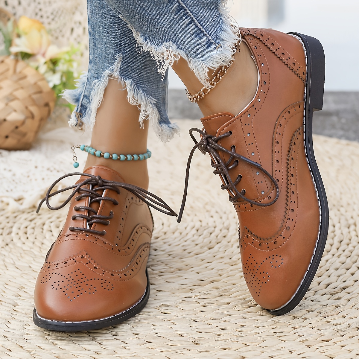Oxfords Brogue Clásicos para Mujer, Zapatos de Punta Llana con Cordones de  Color Calzado para con TPR y Mate - Main Image