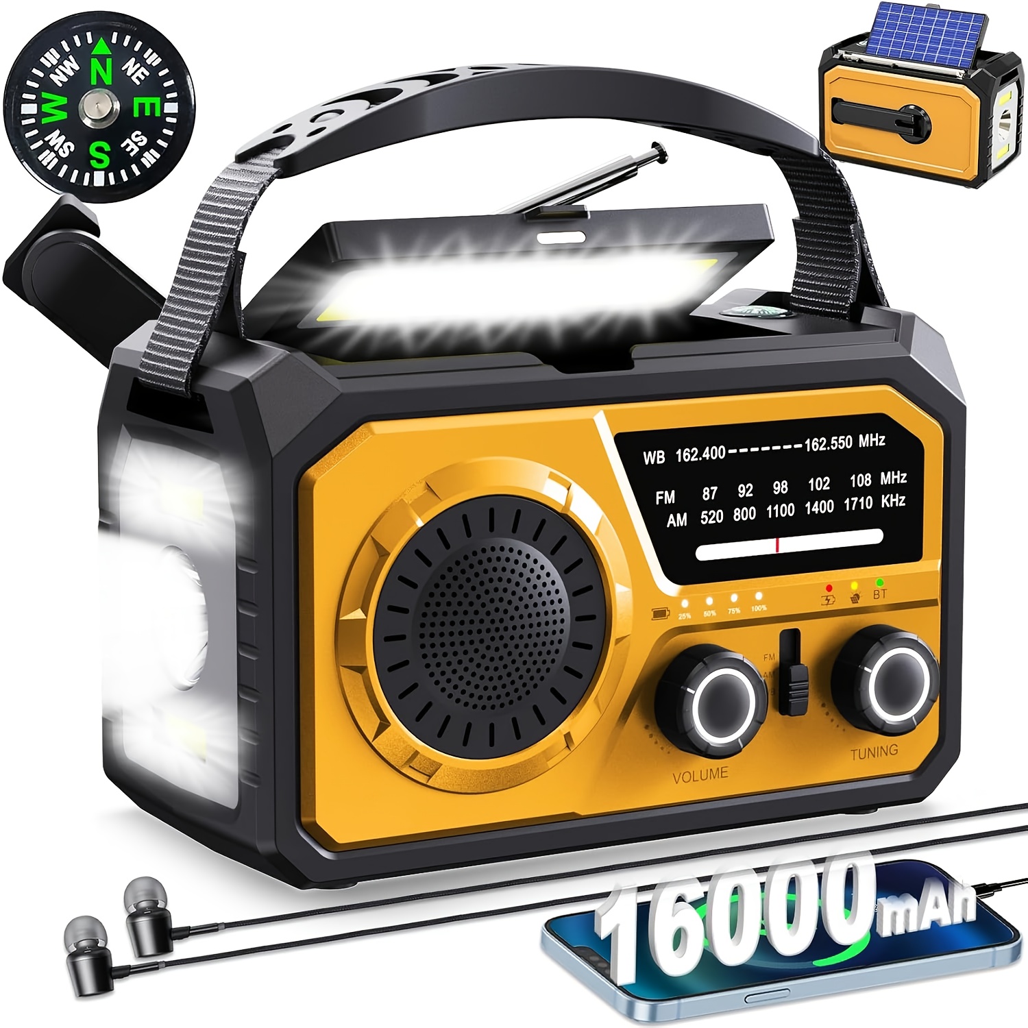 16000mah Hand Crank Emergency Weather Radio With Wireless Speaker, Ipx4, Noaa Am Fm Solar Radio With Flashlight Cell Phone Charger Reading Lamp Compass Sos For Camping And Survival Gear