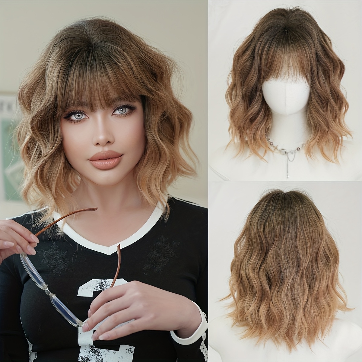 E-shop Bob Perücke Kurze Wasserwelle Ombre Orange Braun Perücken für Frauen Täglich Party Gebrauch Hohe Dichte Frauen Bob Perücke mit Pony