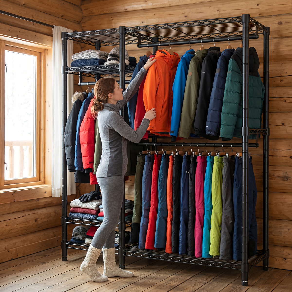 TEMU Porte-vêtements robuste et , armoire métallique autoportante avec 6 étagères et 2 barres à suspendre, organisateur de vêtements à 4 niveaux, de