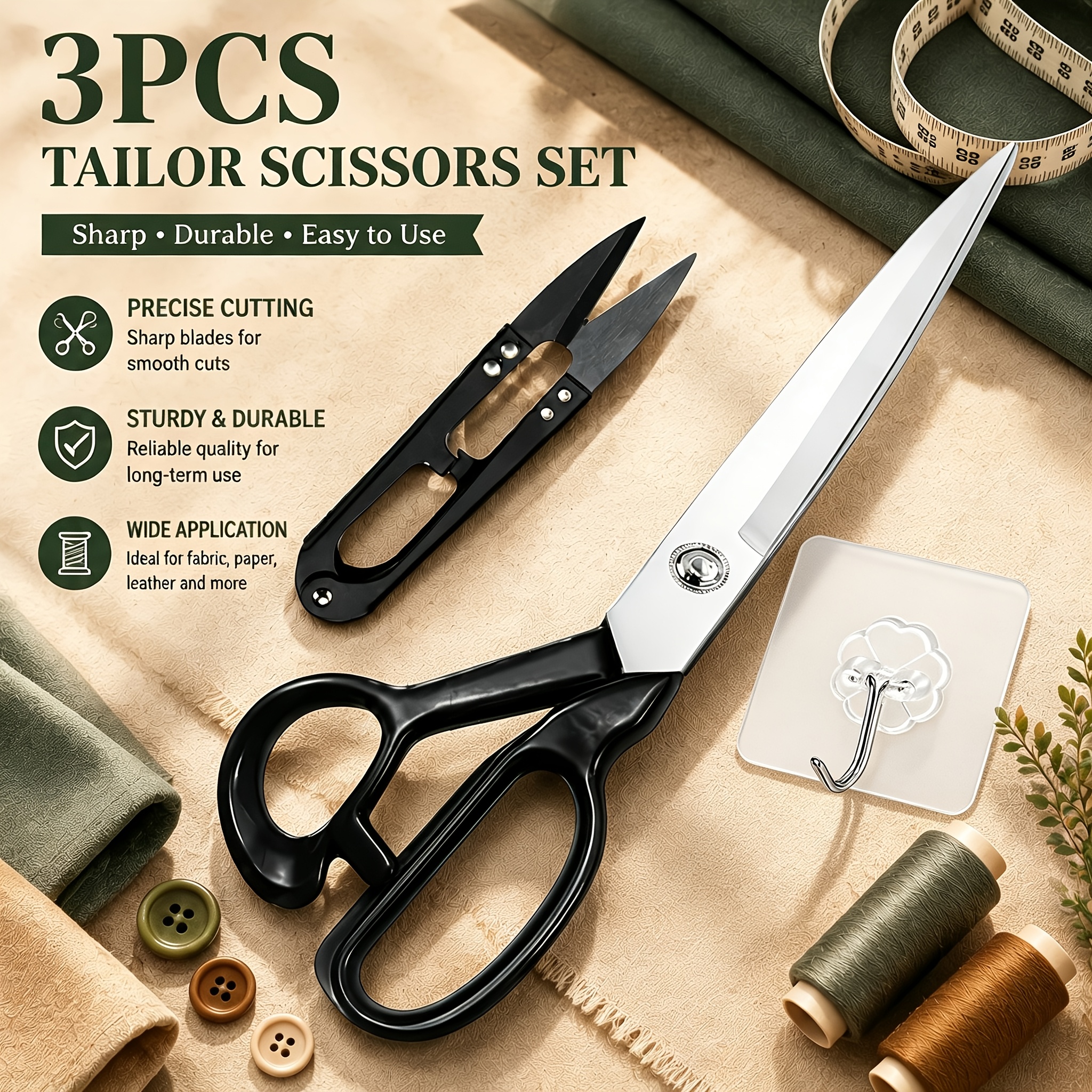 TEMU 3pcs Set [10-inch Tailor Scissors X 1pc, Thread Scissors X 1pc, Hook X 1pc], Professional Heavy-duty 10-inch Stainless Steel Scissors, With