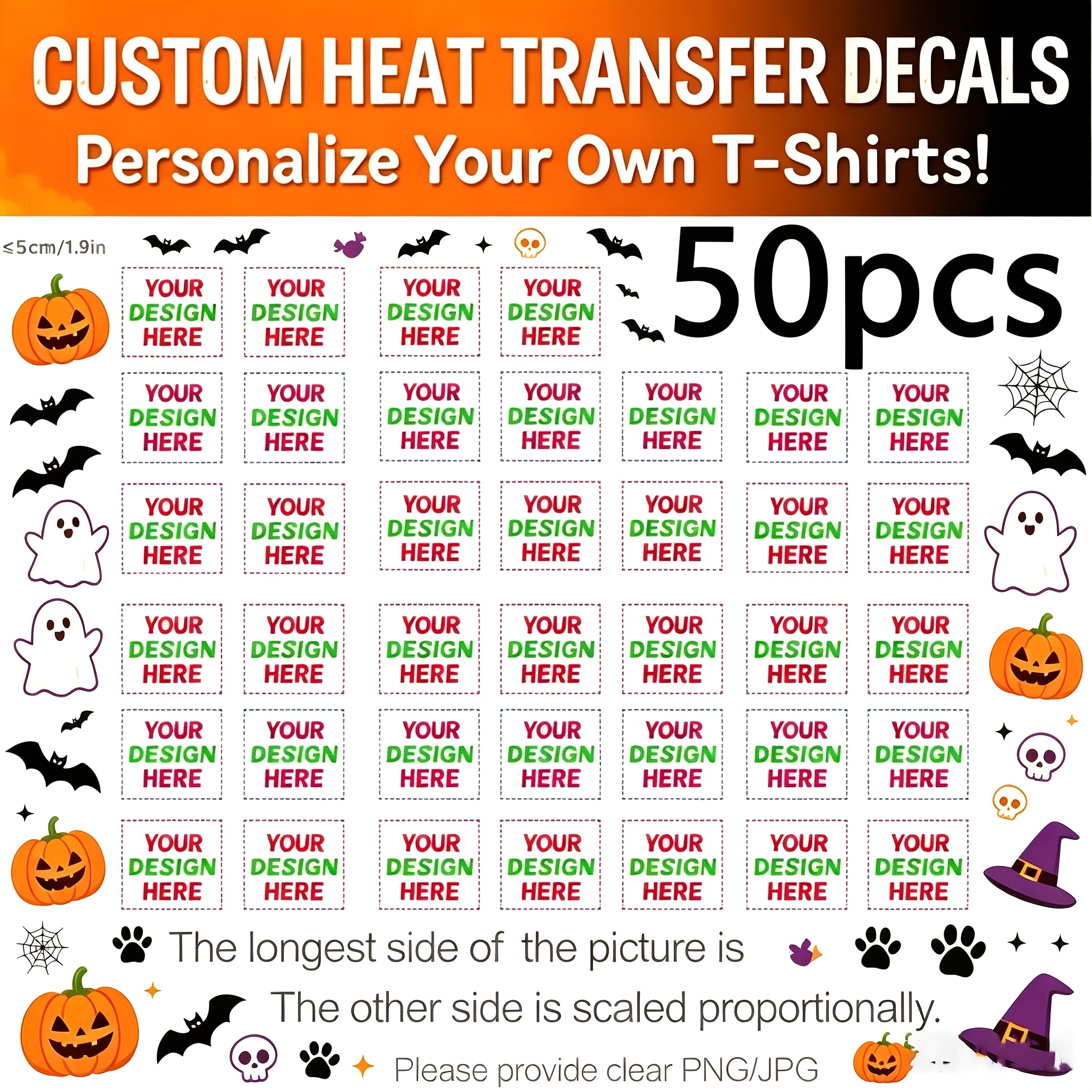 TEMU Gepersonaliseerde 50 stuks Halloween Thema Logo Heat Transfer Stickers - Pompoen Geest Gepersonaliseerde T-shirts, Kleding, Stoffen Decoratie -