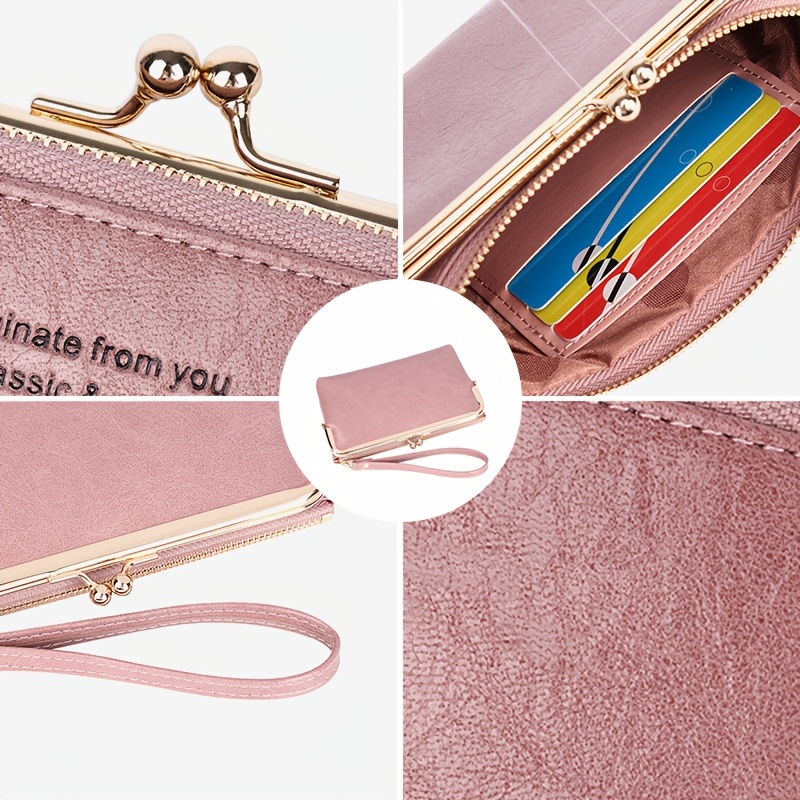 Women's Compact Bifold Wallet Vintage Zipper Kiss Lock Coin Purse