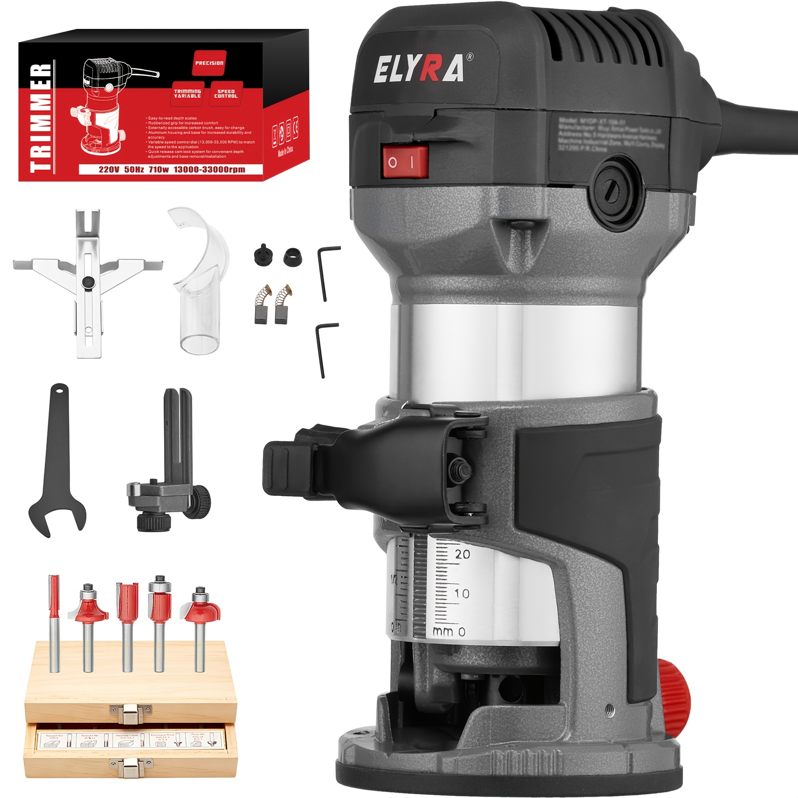 Electric Handheld Woodworking Router 710w, 13000-33000 Rpm, Wood Edge Cutter, With 5pcs Carbide Router Bits, Aluminum Material, Adjustable Speed
