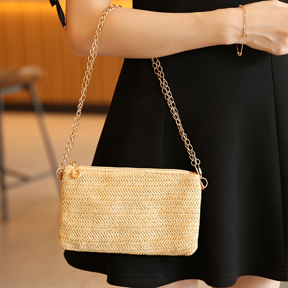 Women's Bohemian Woven Straw Small Crossbody Chain Bag, Minimalist ...