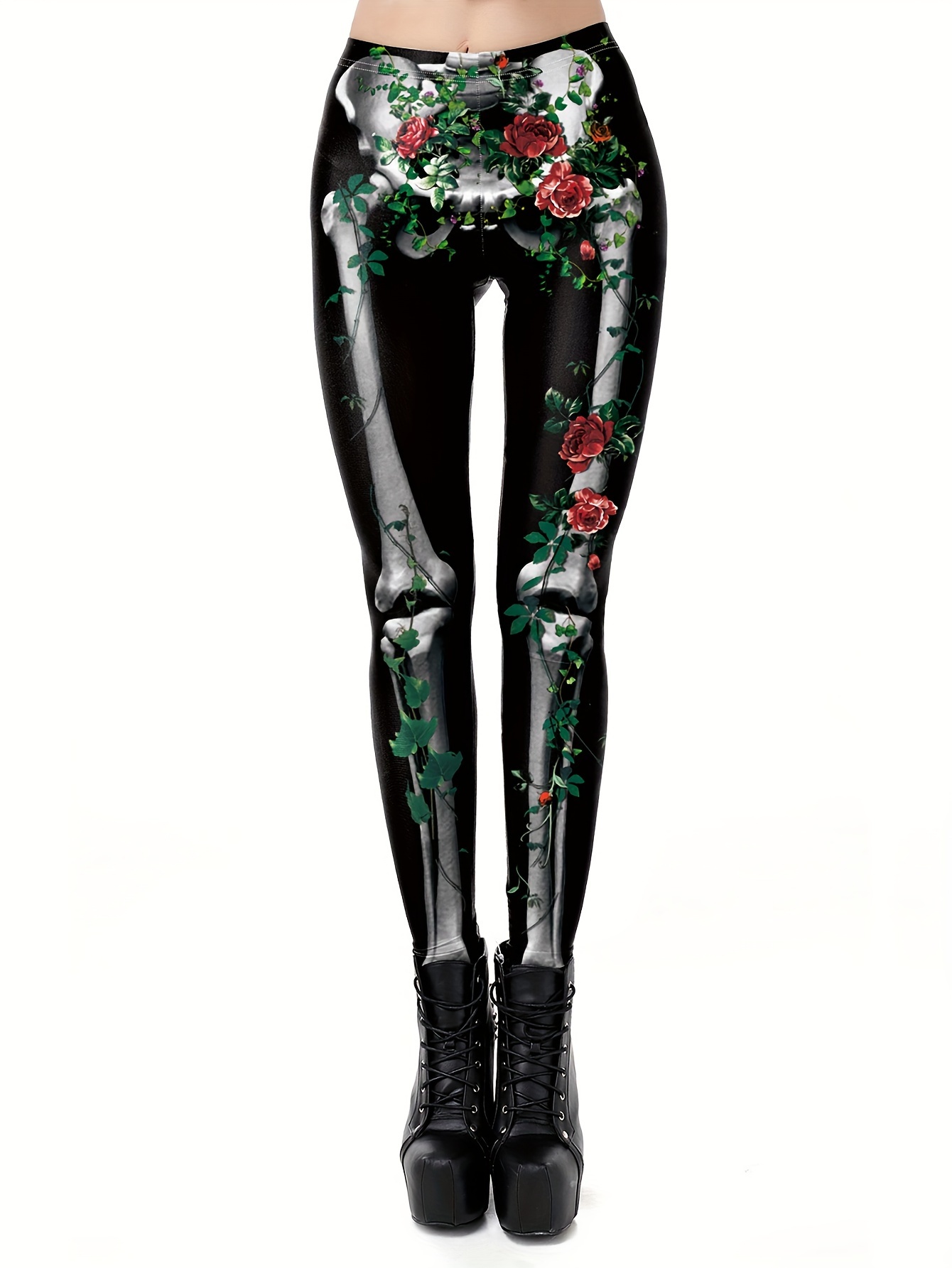 Gothic Skeleton Print Halloween Leggings Vintage Slim Long - Temu